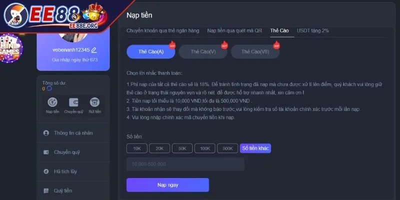 Nạp tiền EE88 dễ dàng với thẻ cào điện thoại