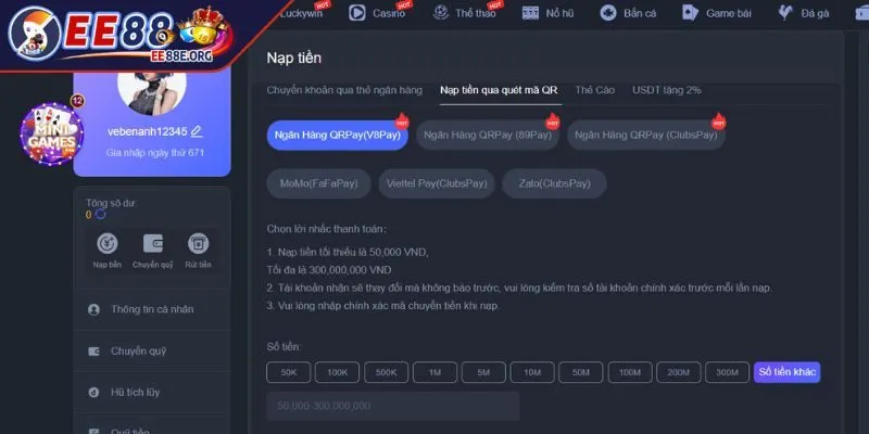 Nạp tiền EE88 qua ví điện tử